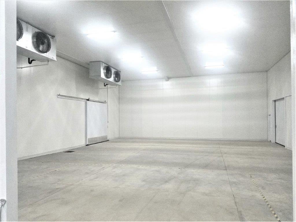 Large empty cold room with wall-mounted evaporator fans
